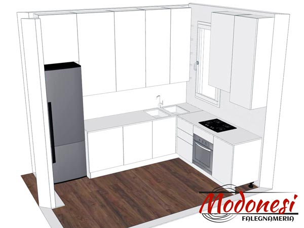 Cucina angolare moderna Milano: cucina bianca render 1